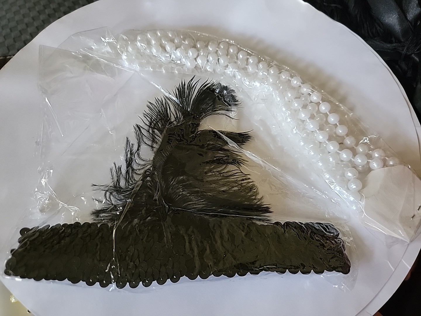 3pc Set Fringe Feather Band 1920s Halloween Costume Dress Sz M/L Pearl Necklace