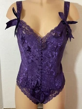 Vtg VICTORIA'S SECRET TEDDY Bodysuit Gold Label BOWS Jacquard Satin Lace Zips