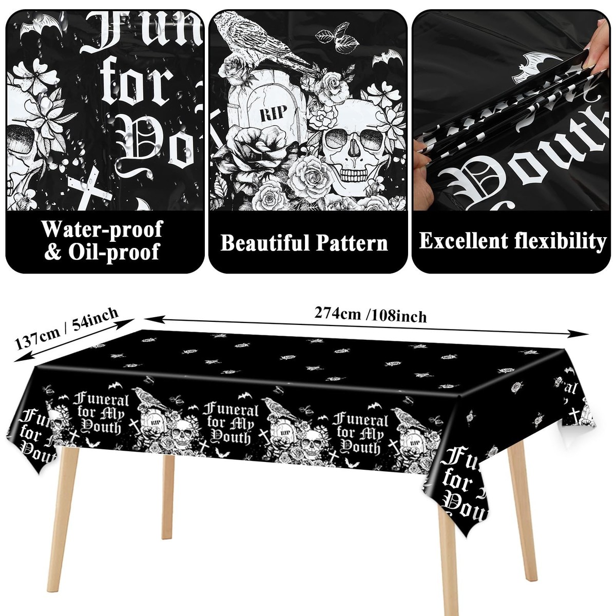 Funmemoir Rip 30s verjaardagsdecoraties - 3 stuks gotisch tafelkleed