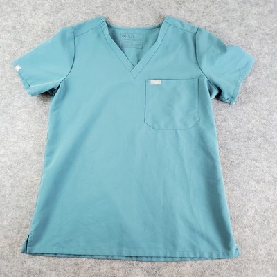Figs Scrubs Womens Small Green V Neck Short Sleeve Pocket Logo Stretch Pullover