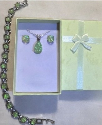 DEAL! Gorgeous Green Fire Opal Teardrop Necklace, Earrings, & Bracelet Set