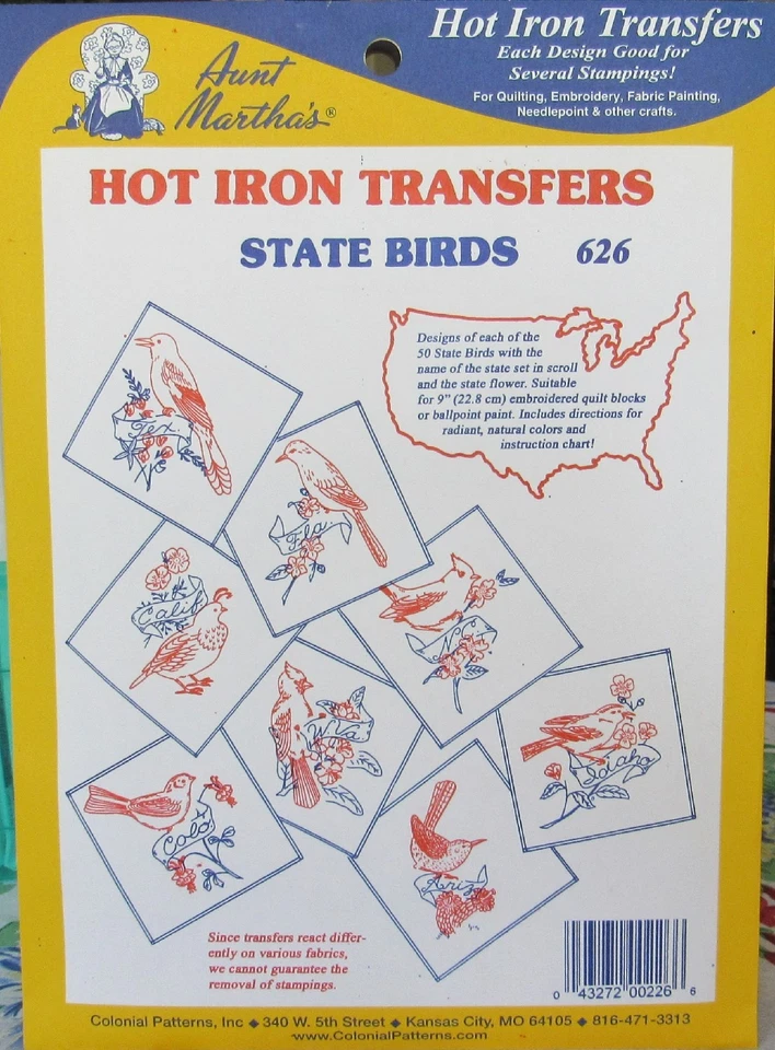 AUNT MARTHA'S 626 Aunt Marthas 50 USA STATE BIRDS Embroidery Transfer Pattern Quilt Block NEW