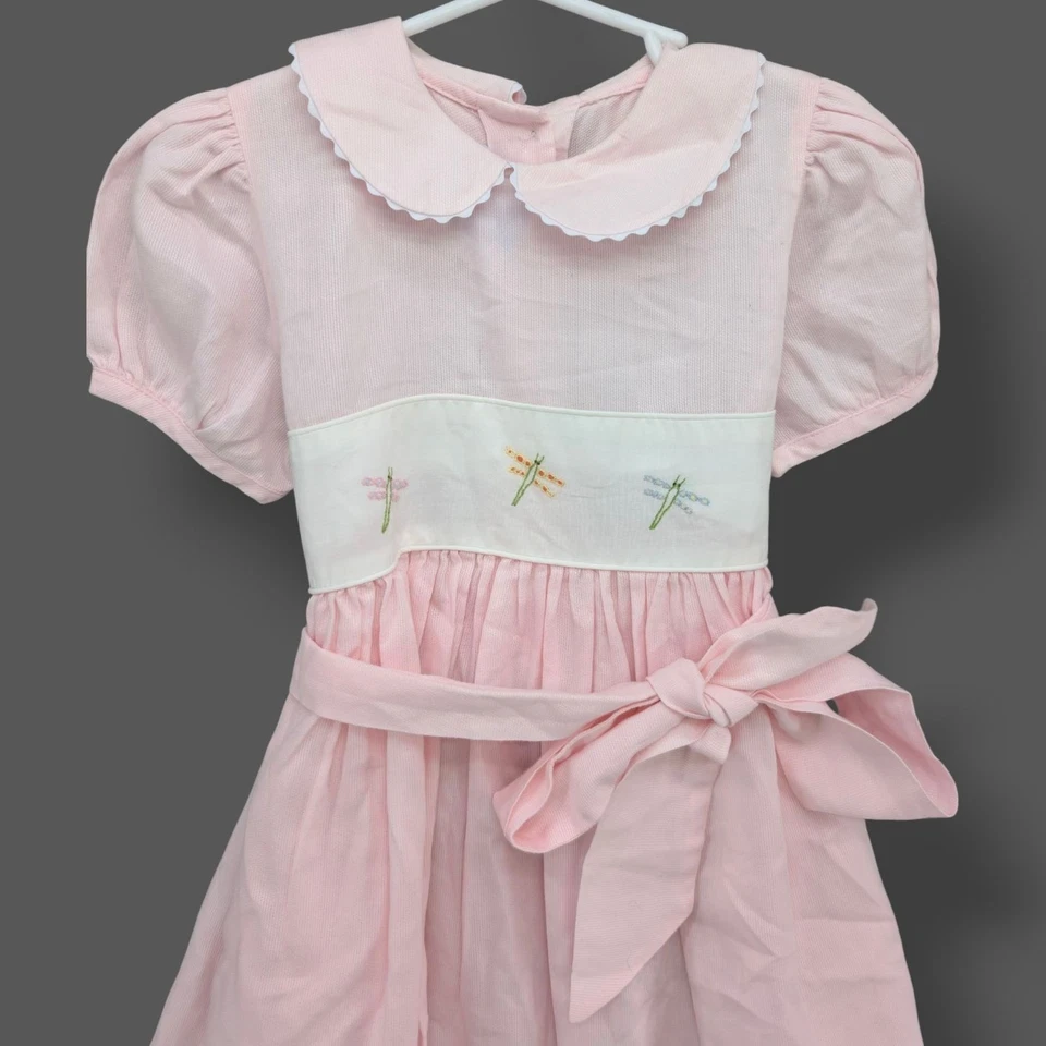 Bella Bliss Belted Midi Dress Girls Pink Embroidered Puff Sleeve Pleated Size 4 - Image 3 of 4