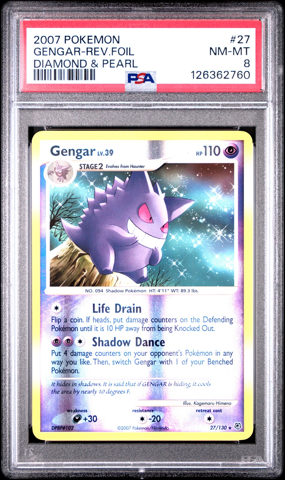 2007 POKEMON DIAMOND & PEARL #27 GENGAR-REVERSE FOIL PSA 8