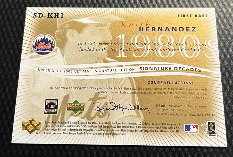 2005 Keith Hernandez Mets Upper Deck Signatures Decades 1980's Autograph #SD-KH1 - Image 2 of 4