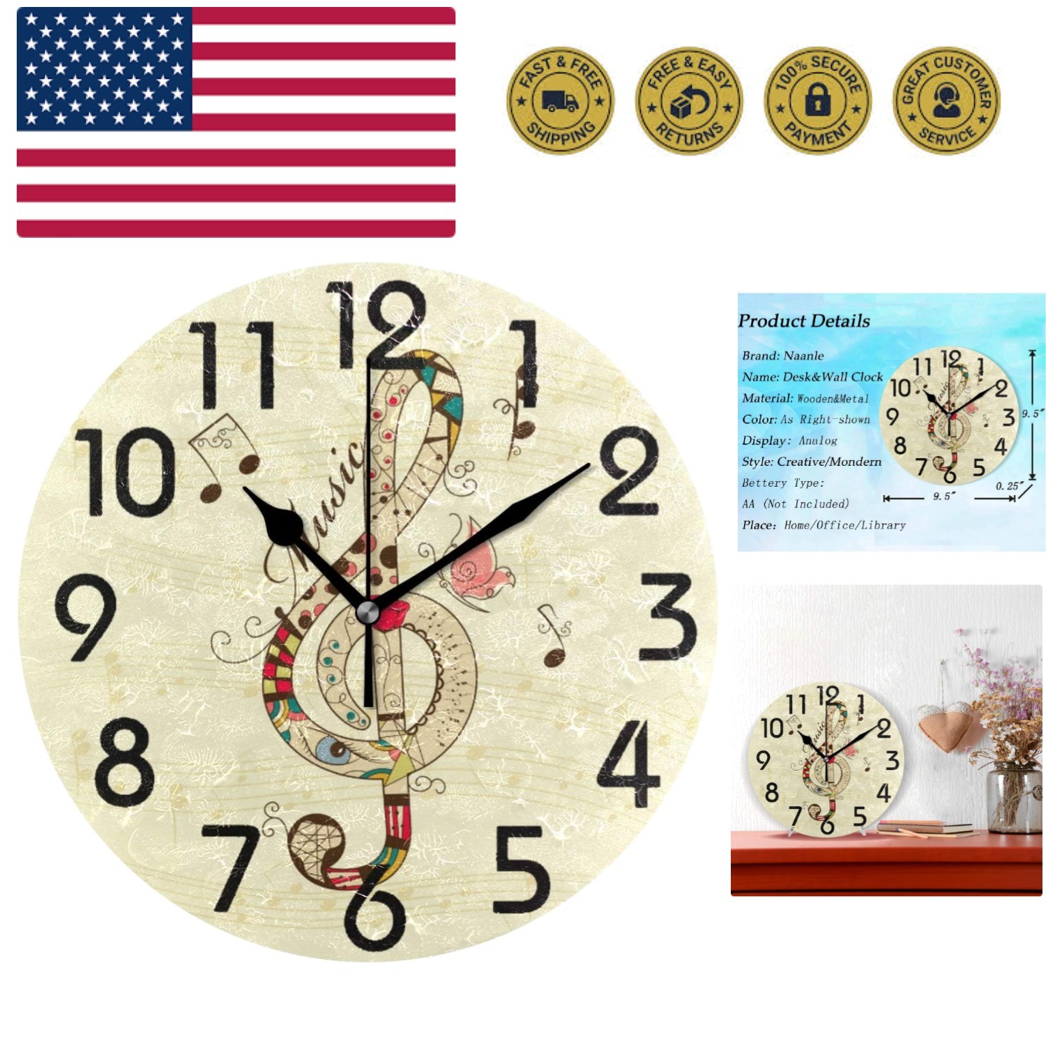Chic Treble Clef Pattern Musical Note Print Round Wall Clock, 9.5 Inch Batter