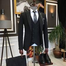 Black Stripe Men Peak Lapel Formal Business Party Prom Groom Tuxedo Wedding Suit