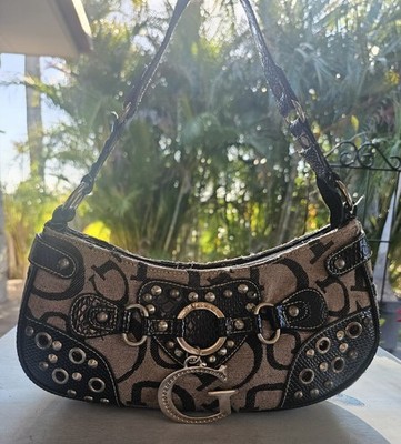 Vintage GUESS Beige/Black Logo Monogram Canvas Studded Shoulder Bag