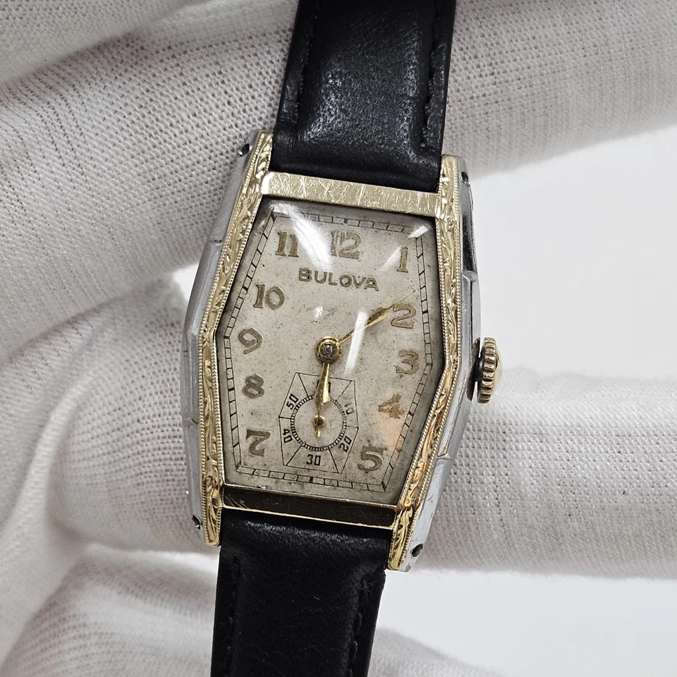 Rare Vintage Bulova Deco Men Two Tone Watch Carved Case Cal 10AN 15 Jewel Swiss - Image 2 of 4