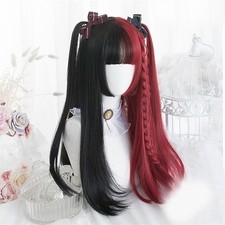 Black Red Wig w/ Bangs, Hime Cut, 24inch Full Cap Synthetic Hair Cosplay