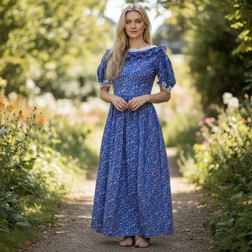 VTG Prairie Dress Size 6 Blue Ditsy Floral Long Puff Sleeve Cottagecore - Image 1