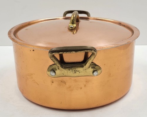Vintage 20cm Stamped FRENCH COPPER CASSEROLE STOCK STEW POT PAN Brass Handles - Picture 3 of 14