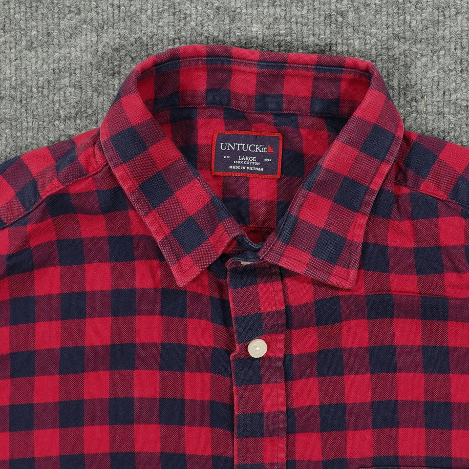 UNTUCKit Shirt Mens Large Red Navy Buffalo Plaid Button Down Long Sleeve Casual - Image 3 of 4