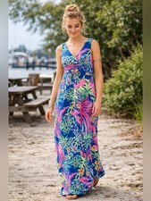 Lilly Pulitzer Sloane Maxi Dress Sz M Indigo All A Glow Tropical Resort Vacation