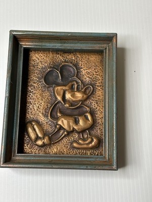 Vintage Embossed Copper Mickey Mouse 3D Relief Plaque Wood Frame 7''×6''