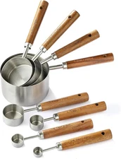 8PCS Measuring Cups Stainless Steel And Spoons Set With Ergonomic Wooden Handle