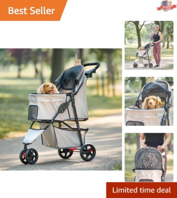 Stylish Khaki Pet Stroller for All Life Stages - Convenient, Safe & Comfortable