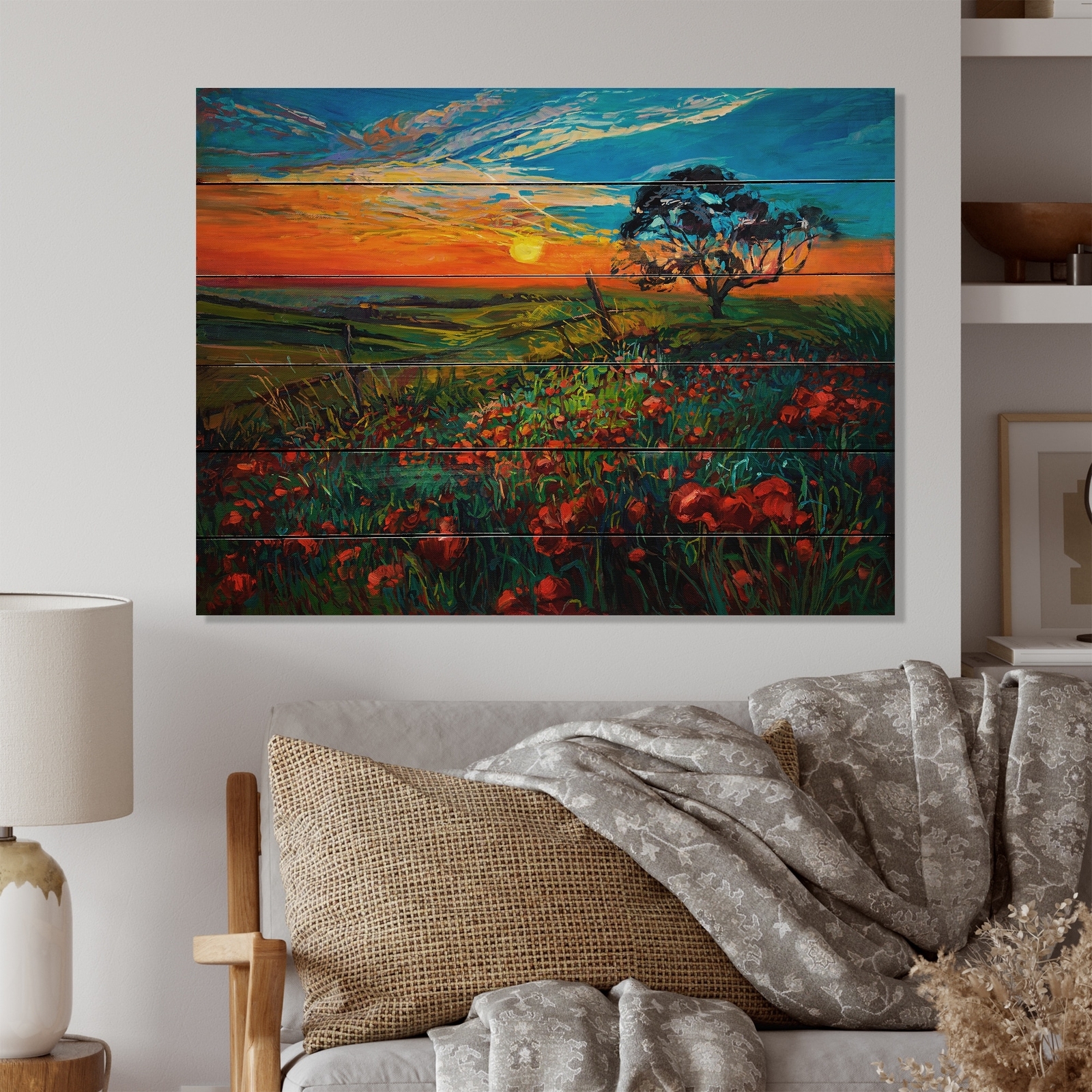 Designart 'Red Poppy Fields' Nautical & Coastal Wood Wall Art Décor - Natural
