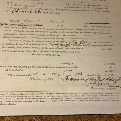 CIVIL WAR MUSTER OUT APR 1862 PVT HARRISON DUEL CO E 81ST N.Y. VOLUNTEERS - Picture 3 of 5