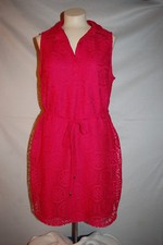 Womens DARK PINK DRESS Notch Collar CROCHET LACE OVERLAY Circle Design L 12-14