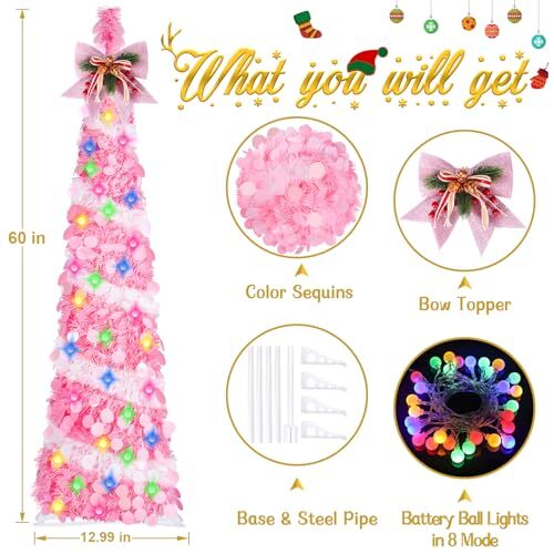 5Ft Pop Up Tinsel Christmas Tree with LED Lights, Sequins, Pink