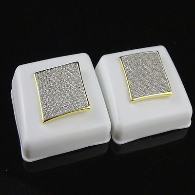 Flat Screen Yellow Gold Finish Micro Lab Diamond Square Block Stud Earring 21 mm 