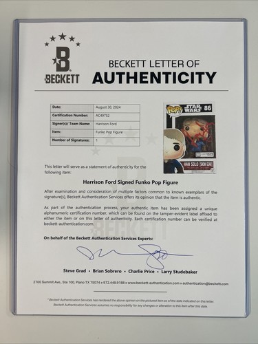 Harrison Ford Autographed Han Solo Star Wars Funko Pop #86 Beckett Letter FC 1 - Picture 3 of 8