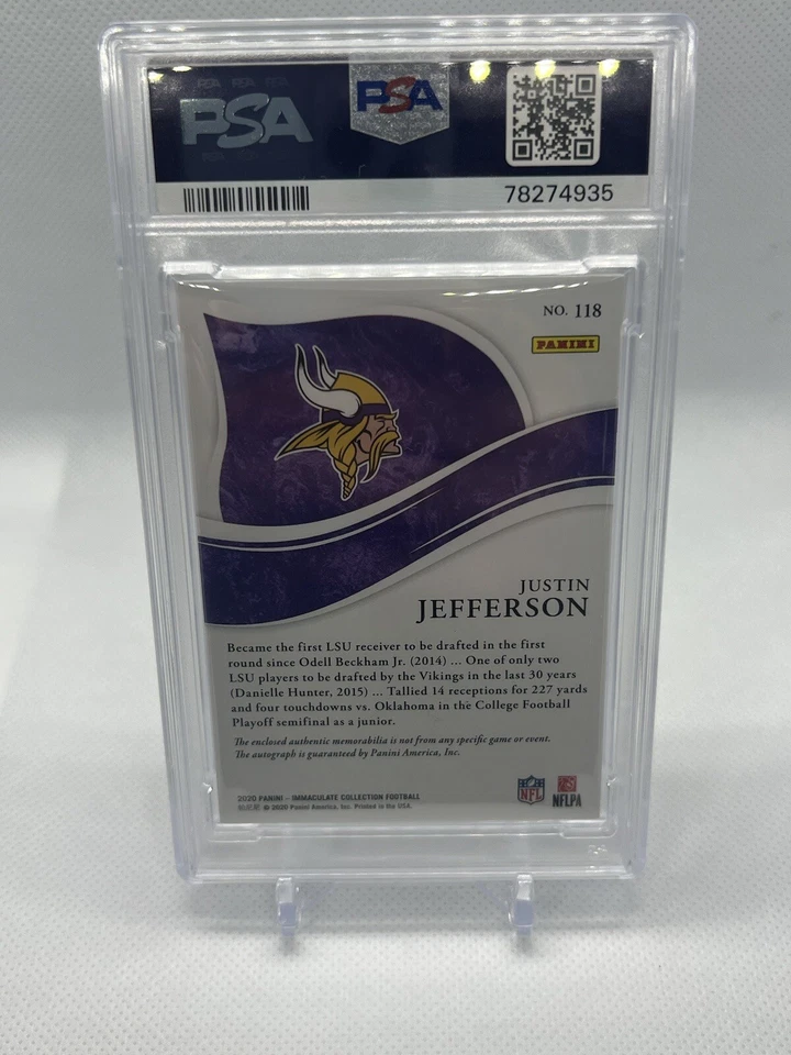 2020 Immaculate Justin Jefferson Gold #/25 2 Color RPA PSA 9 Pop 2 None Higher - Image 3 of 3