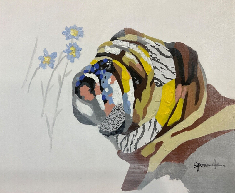 French Bulldog with blue flowers modern oil painting 20 x 24”