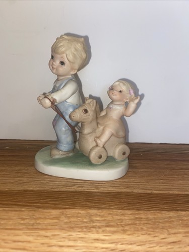 Homco Porcelain Figurine Boy Girl Brother Pulling Sister On Hobby Horse #1450 - Picture 13 of 17