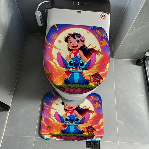Lio & Stitch Four-Piece Bathroom Set: Shower Curtain, Mat, Toilet Seat Cover