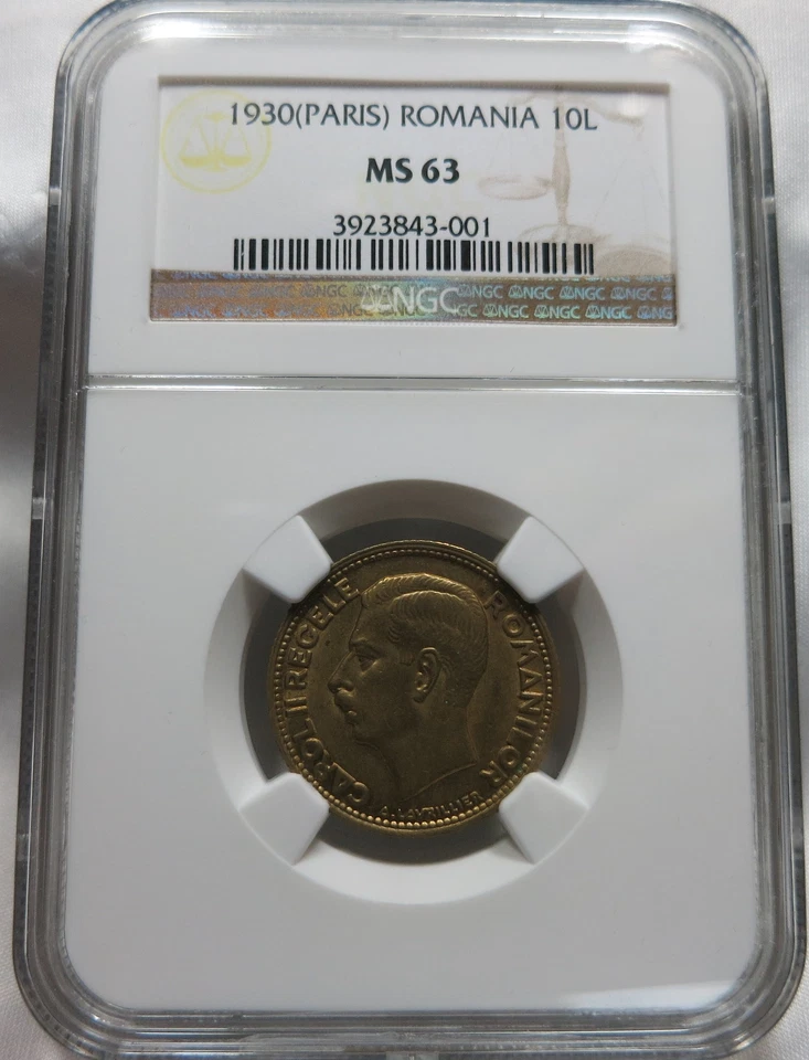 ROMANIA Kingdom 10 lei 1930 a Paris NGC MS 63 UNC Brass Nickel Eagle King Carol - Image 3 of 3
