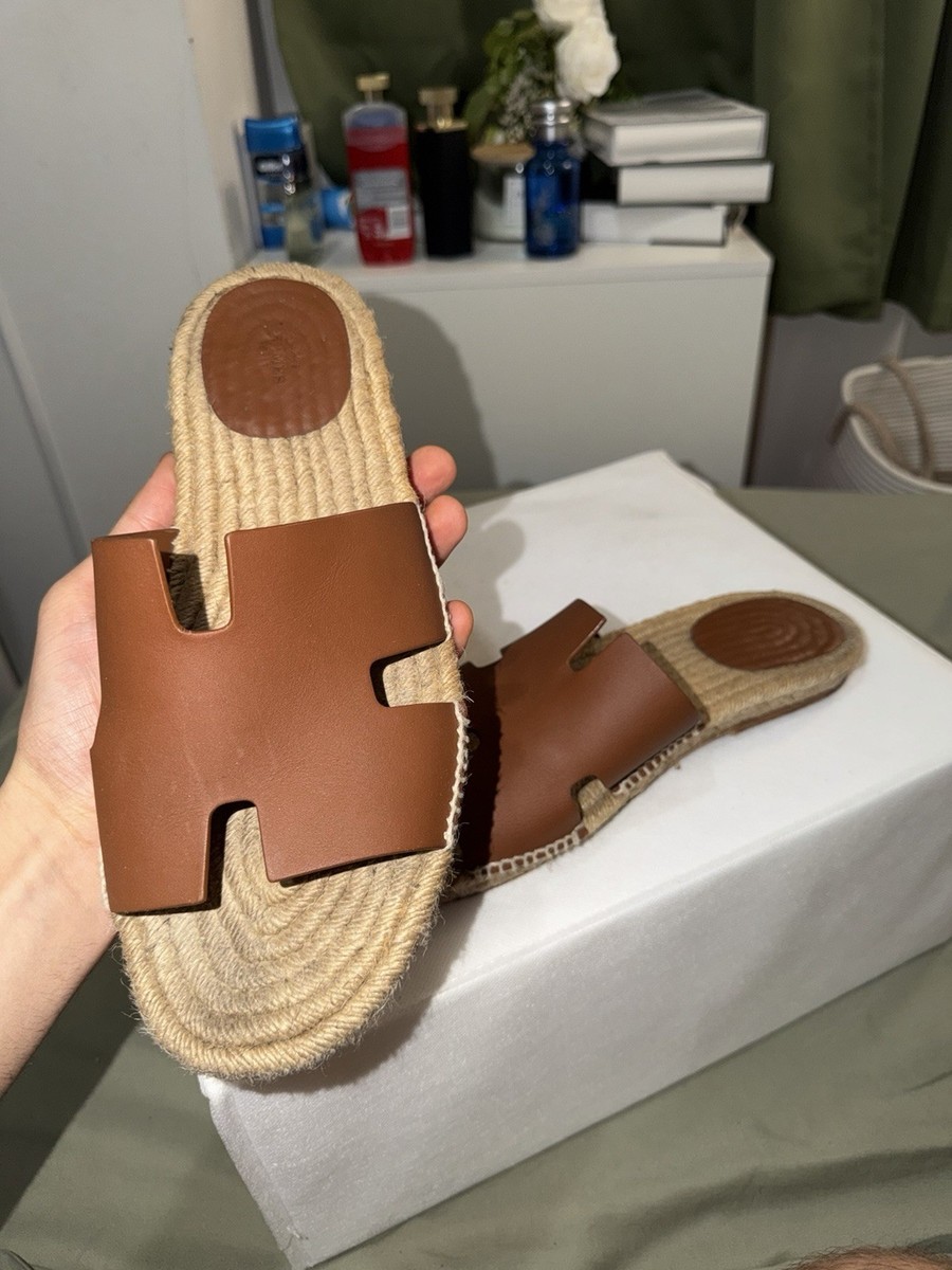 Hermes Brown/Beige Leather H-Strap Espadrille Slide Sandals US 11