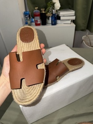 Hermes Brown/Beige Leather H-Strap Espadrille Slide Sandals US 11