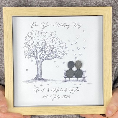 Personalisiert am Hochzeitstag Kiesel Kunst Geschenk Mr & Mrs Andenken Silber Herzen