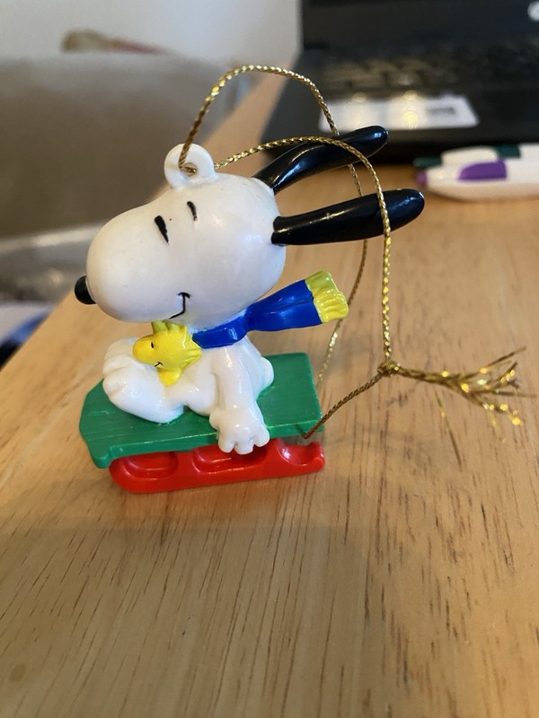 Vintage Snoopy On Green Sled With Woodstock Christmas Ornament
