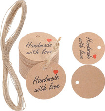 100 PCS Handmade Tags, Made with Love Tags 1.2  Brown Paper Hanging Tag with Str