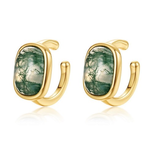 Natural Moss Agate Ear Cuff Earrings S925 Sterling Silver Gold Plated Gift
