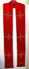 RED WOVEN STOLE SASH SCARF EMBROIDERED JERUSALEM & 6 CROSSES + FRINGE 104" NEW