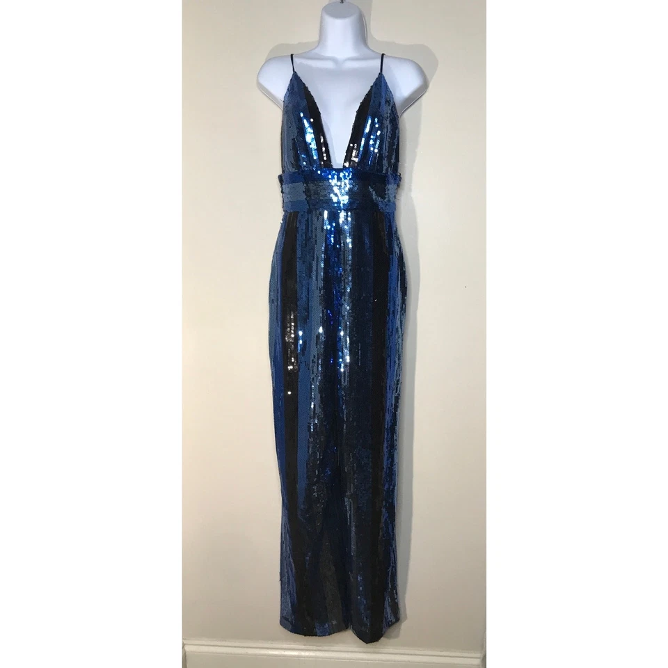 WAYF Sybil Sequins Jumpsuit S Blue Black Striped - Image 3 of 4