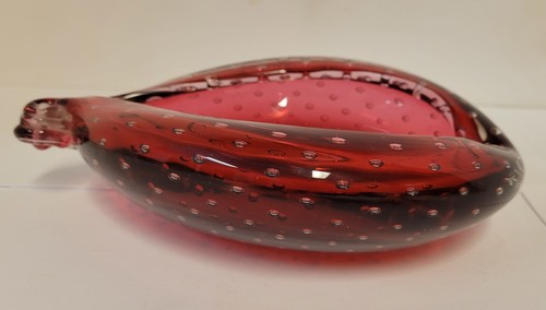 Vtg 8.5" Red Crimson Murano Italy Art Glass Dish Bowl Controlled Bubbles - Picture 8 of 18