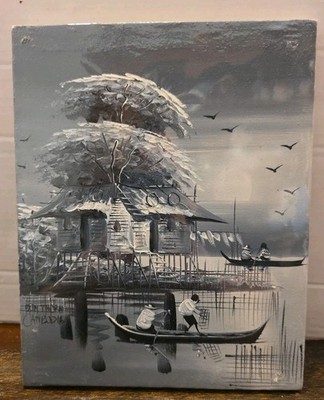 Original Bun Thorn Cambodia Oil Painting - Monochrome Stilt House Village Scene