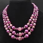 Vintage Hong Kong Beaded Necklace Pink Purple Three Strand Costume JEwelry