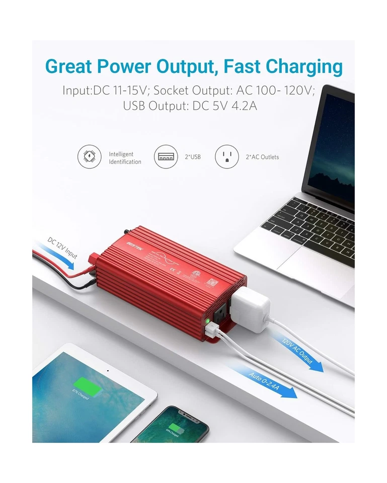 BESTEK 500W Pure Sine Wave Power Inverter DC 12V to AC(2 Outlets) 110V Car Ch... - Image 3 of 4