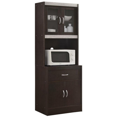 Hodedah Kitchen Cabinet 1 Drawer and Space for Microwave in Chocolate-Grey Wood