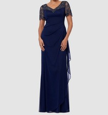 Xscape Women's Blue Beaded Scallop-Sleeve Cascading Dress Petite Size 14P