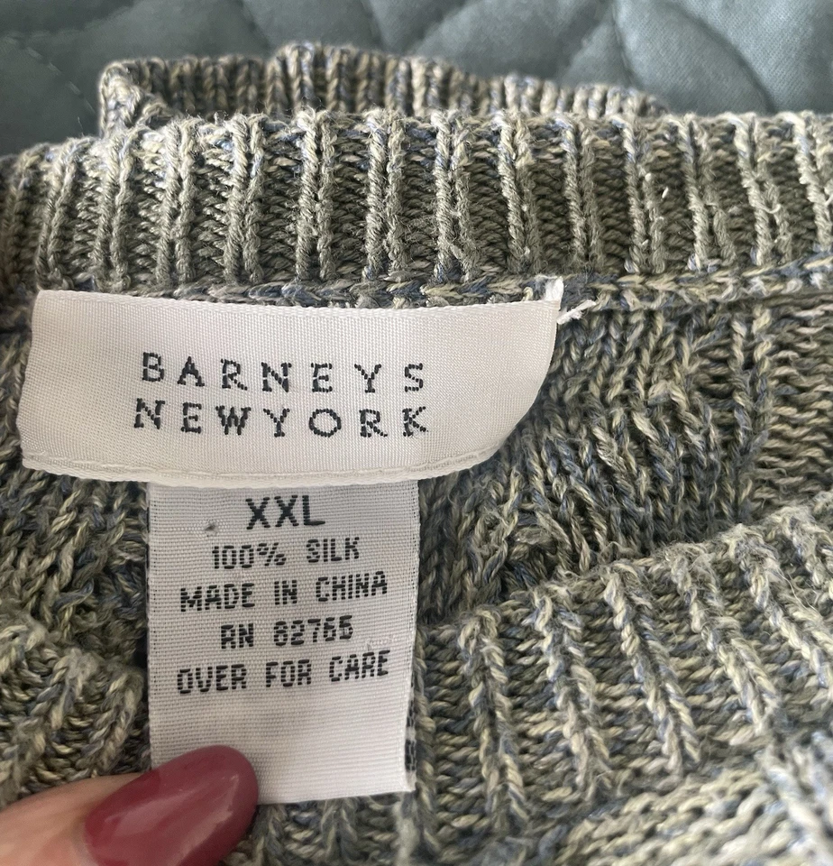 BARNEYS NEW YORK 100% Silk XXL Blue/Sage Gray Crew Neck Marled Knit Mens Sweater - Image 2 of 4