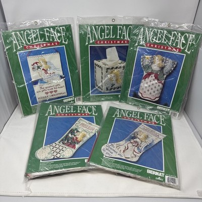 VNTGE BERNAT ANGEL FACE CRAFT KITS CHRISTMAS TREE TOPPER STOCKINGS TISSUE CARD