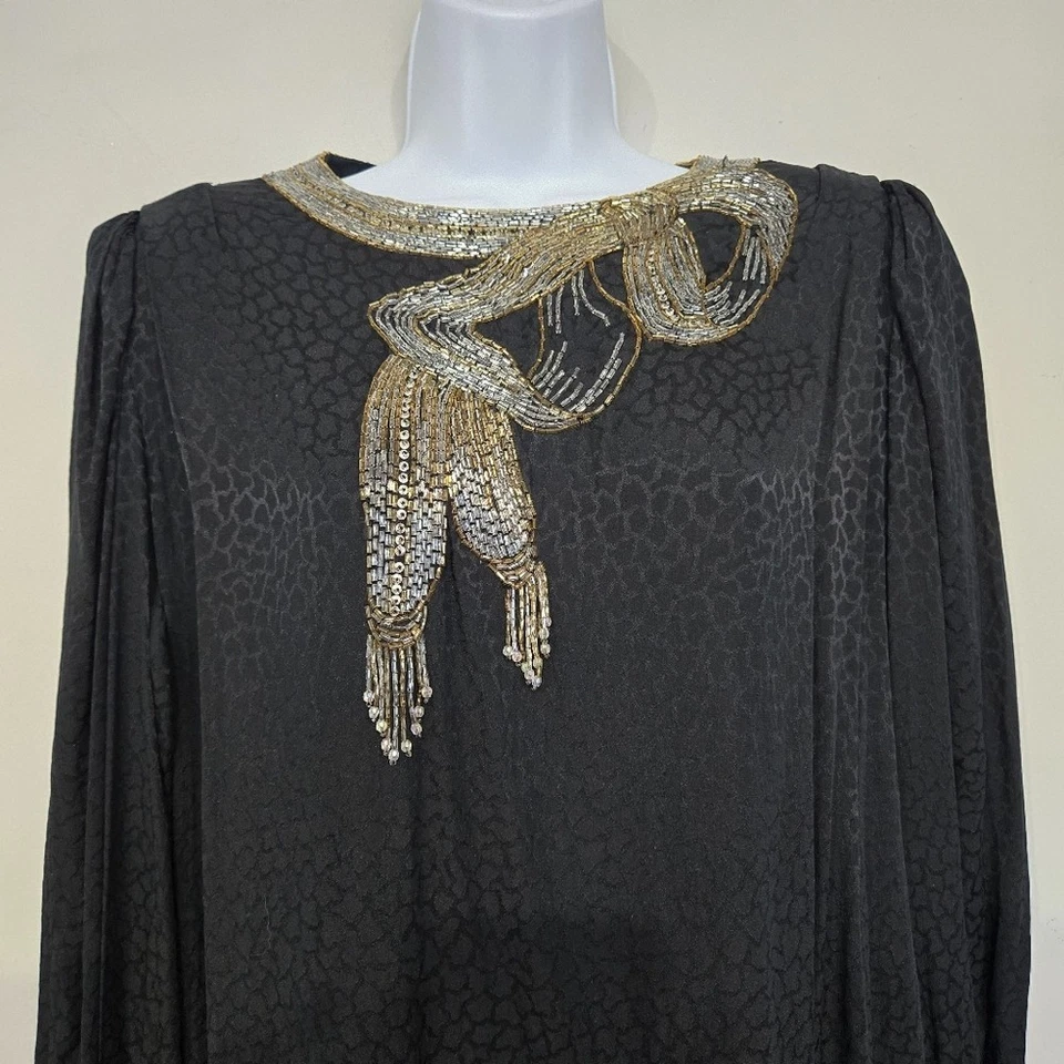 Francesca of Damon Beaded Silk Dress Women 10 Vtg 80s Glam Goth Cocktail Elegant - Image 2 of 4