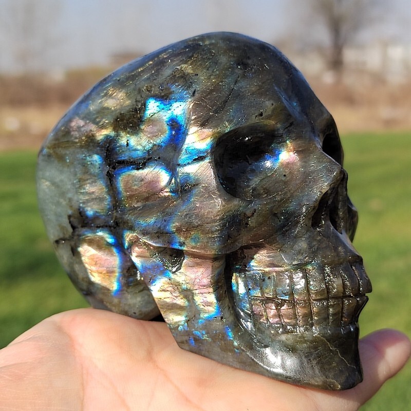 1.54LB Natural labradorite Quartz hand Carved skull crystal Reiki ...